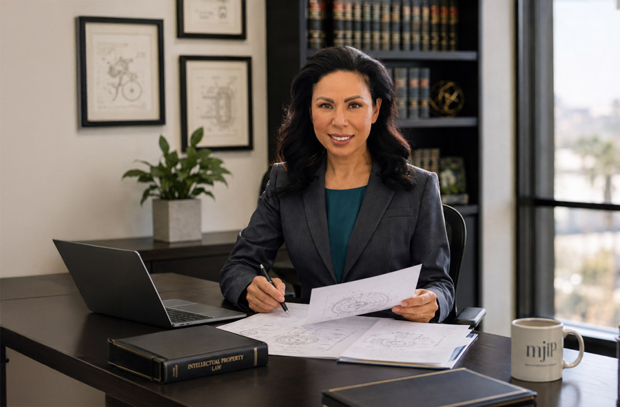 Attorney reviewing intellectual property filings with a client in a modern office