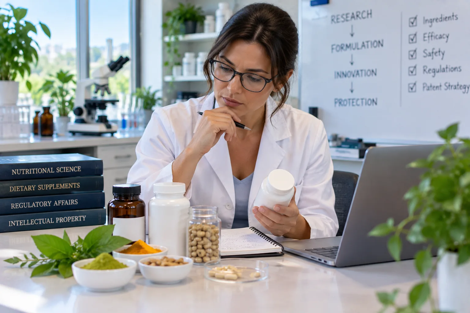 Formulation scientist examining a supplement bottle in a laboratory beside ingredient samples and a product development checklist