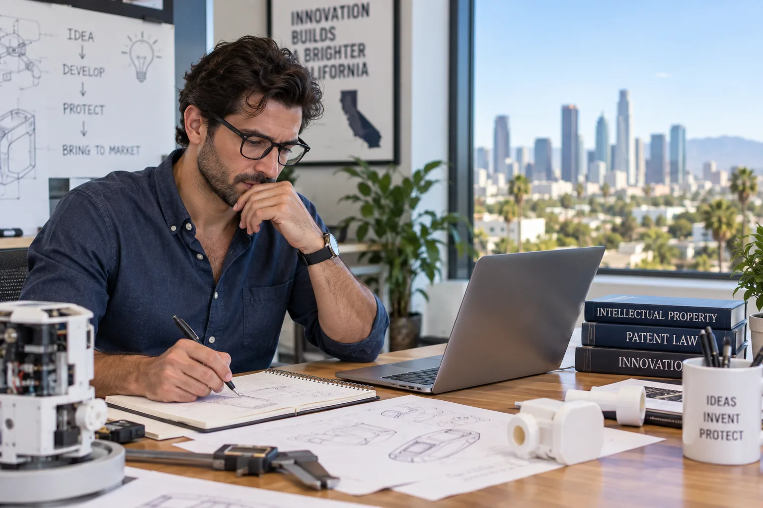 Inventor sketching a product design at a desk with patent law books and a Southern California skyline beyond the window