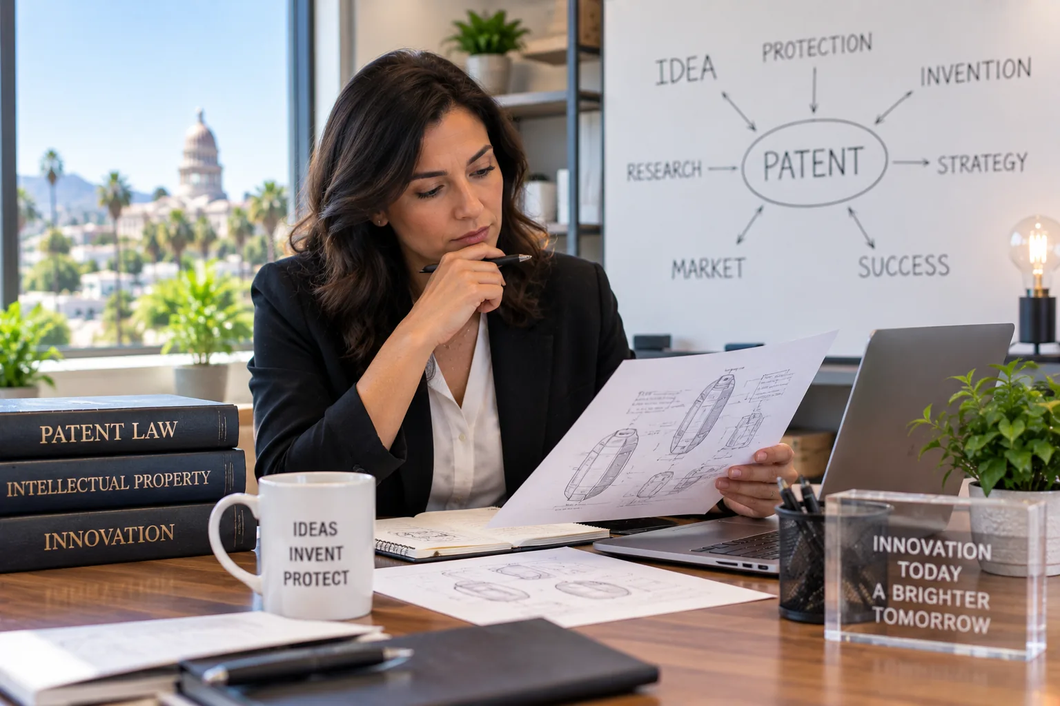Patent attorney reviewing invention drawings at a desk with patent law books and a patent strategy diagram on a whiteboard