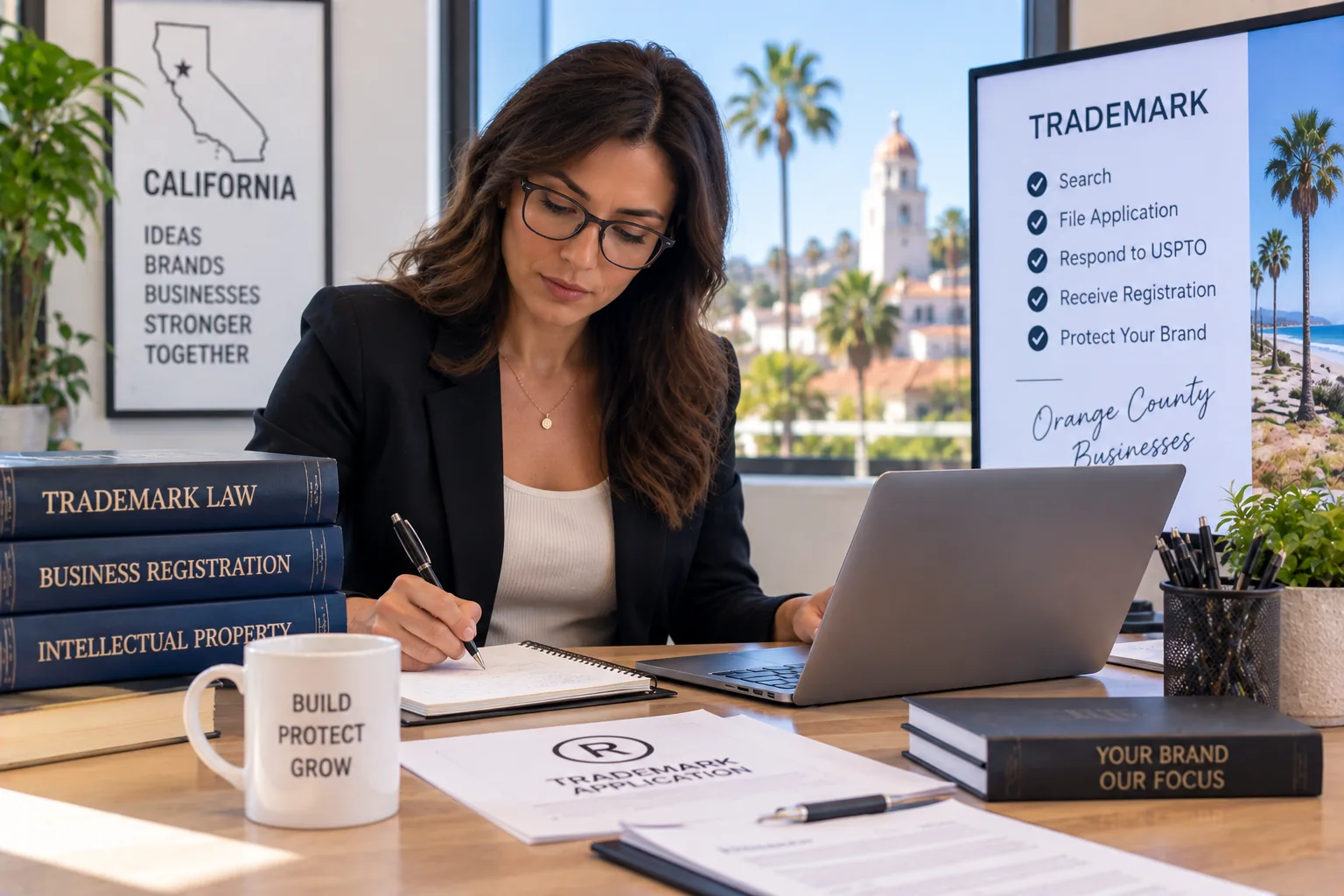 Trademark attorney preparing a trademark application at a desk with trademark law books and a registration process checklist