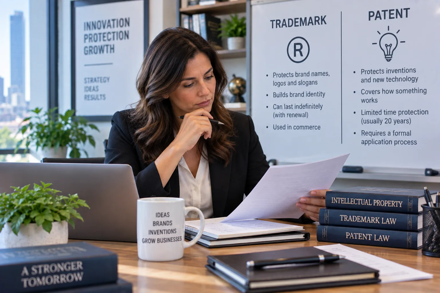Intellectual property attorney reviewing a document beside a whiteboard comparing trademark and patent protection
